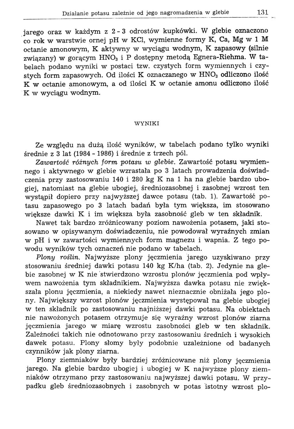 D ziałanie potasu zależnie od jego nagrom adzenia w glebie 131 jarego oraz w każdym z 2-3 odrostów kupkówki.