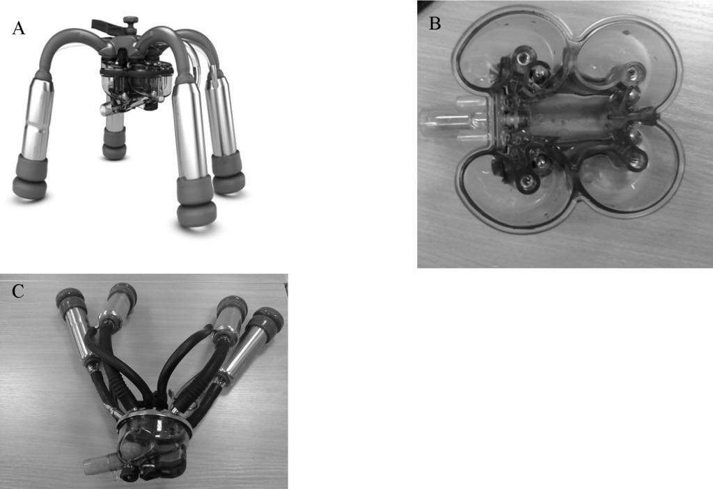 Stabilność podciśnienia... Rysunek 1. A aparat udojowy IQ; B widok wewnętrzny komór mlecznych czterodrożnego kolektora aparatu IQ; C aparat udojowy Classic 3; Figure 1.