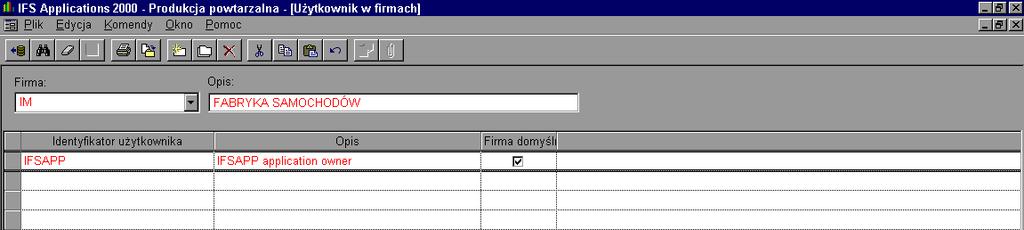 Rys. 5.21. Widok okna na folder IFS/Reguł księgowe/dane użytkownika/użytkownik w firmach Domyślne użytkownik.