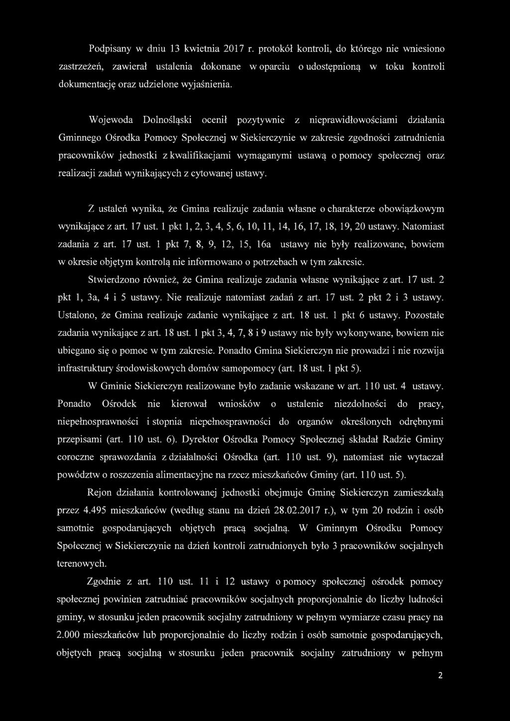 W ojewoda Dolnośląski ocenił pozytywnie z nieprawidłowościami działania Gminnego Ośrodka Pomocy Społecznej w Siekierczynie w zakresie zgodności zatrudnienia pracowników jednostki z kwalifikacjami
