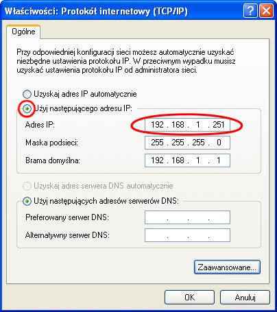 komputera. Należy upewnić się, że wybrana jest opcja Użyj następującego adresu IP.