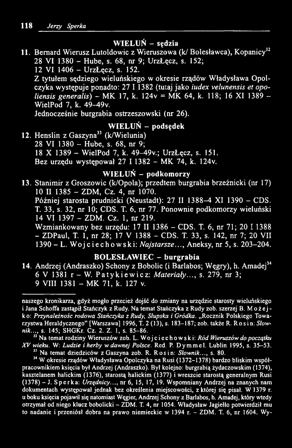 124v = MK 64, к. 118; 16 XI 1389 - WielPod 7, к. 49-49v. Jednocześnie burgrabia ostrzeszowski (nr 26). WIELUŃ - podsędek 12. Henslin z Gaszyna33 (k/wielunia) 28 VI 1380 - Hube, s.