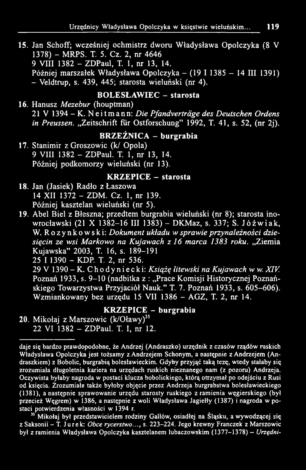 Neitmann: Die Pfandverträge des Deutschen Ordens in Preussen. Zeitschrift für Ostforschung 1992, T. 41, s. 52, (nr 2j). BRZEŹNICA - burgrabia 17. Stanimir z Groszowic (к/ Opola) 9 VIII 1382 - ZDPaul.
