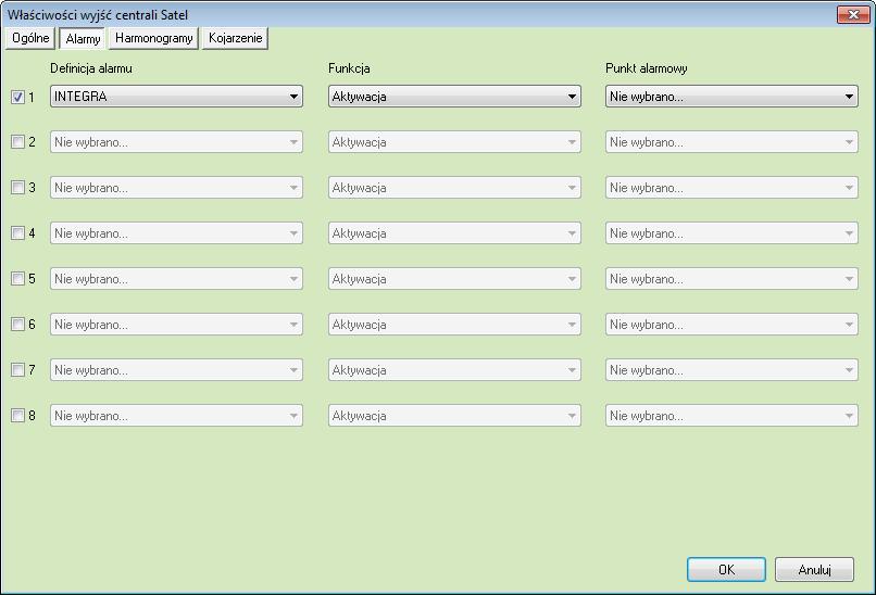 Funkcje które mogą być wykorzystane dla alarmu z Wyjścia: Aktywacja. 6.3.2.
