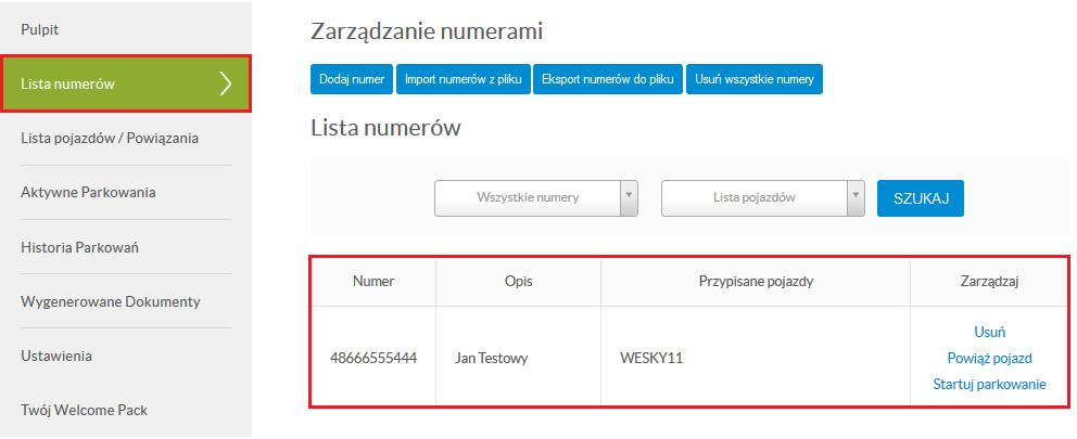 Po utworzeniu powiązania, pozycja na liście numerów powinna wyglądać podobnie jak na poniższym obrazku.