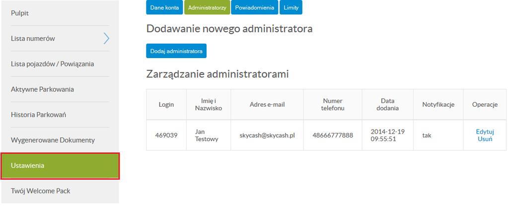 numeru identyfikacji podatkowej; Aktualizuj dane przycisk służący do zatwierdzania wprowadzonych zmian w polach ustawienia konta.