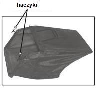 odpowiednio je napiąć. Następnie kosza należy zaczepić haczykami z tyłu obudowy kosiarki.