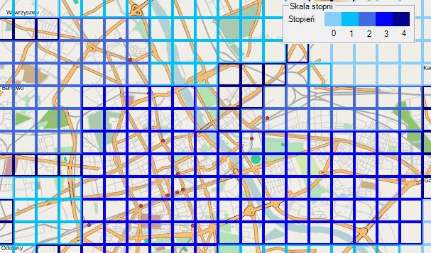 Model mój Mapa miasta podzielona na obszary, każdy ma stopień określający prawdopodobieństwo wylosowania punktu z danego obszaru jako punkt