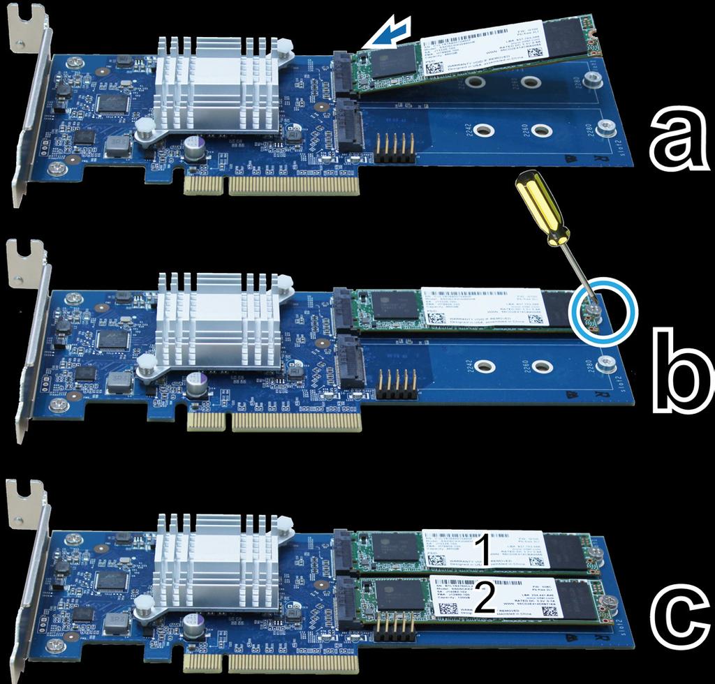 3 Dodaj dysk M.2 SATA SSD do karty rozszerzeń M2D17: a Wsuń dysk M.