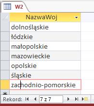 Krok 2: tworzenie tabeli W2 SELECT NazwaWoj INTO W2 FROM ( SELECT DISTINCT WOJEWÓDZTWA.Nazwa AS NazwaWoj FROM ((((WOJEWÓDZTWA INNER JOIN MIEJSCOWOŚCI ON WOJEWÓDZTWA.Kod = MIEJSCOWOŚCI.