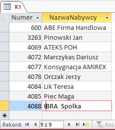 kupujących w Naszej firmie towary w puszkach (czyli w nazwie konserwy). Znaleźć firmy występujące w K1 i nie występujące w K2. (K1 K2) KROK 1: tworzenie K1 SELECT DISTINCT Nr AS Numer, FIRMY.