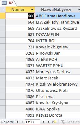 KROK 2: tworzenie K2 SELECT DISTINCT Nr AS Numer, FIRMY.