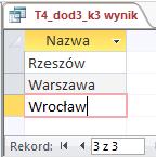 Krok 2: tworzenie tabeli M2 SELECT DISTINCT MIEJSCOWOŚCI.Nazwa INTO M2 FROM (((FIRMY INNER JOIN POZYCJEDOKUMENTU ON DOKUMENTY.NrSprzedawcy = POZYCJEDOKUMENTU.NrSprzedawcy AND DOKUMENTY.