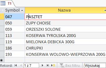 5. Utworzyć za pomocą kwerendy tabelę "T1" o schemacie {Symbol,Nazwa} towarów, które były kupowane w Naszej firmie przez klientów z Wrocławia w lipcu 1992 albo przez klientów z Krakowa w sierpniu