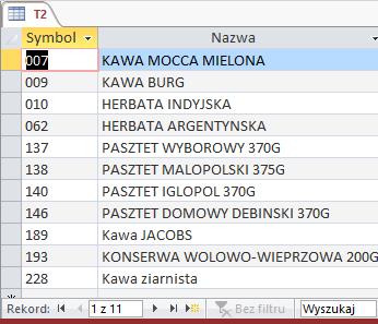 (T1 T2) Krok 1: tworzenie T1 SELECT DISTINCT Symbol,TOWARY.Nazwa INTO T1 FROM (((MIEJSCOWOŚCI INNER JOIN FIRMY ON MIEJSCOWOŚCI.Kod = FIRMY.KodMjc) INNER JOIN POZYCJEDOKUMENTU ON DOKUMENTY.