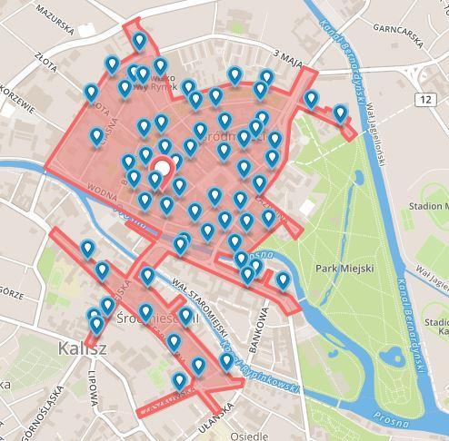 Dokładny zasięg SPP został przedstawiony na kolejnym rysunku. Rysunek 19. Zasięg strefy płatnego parkowania w Kaliszu źródło: http://www.mzdik.kalisz.