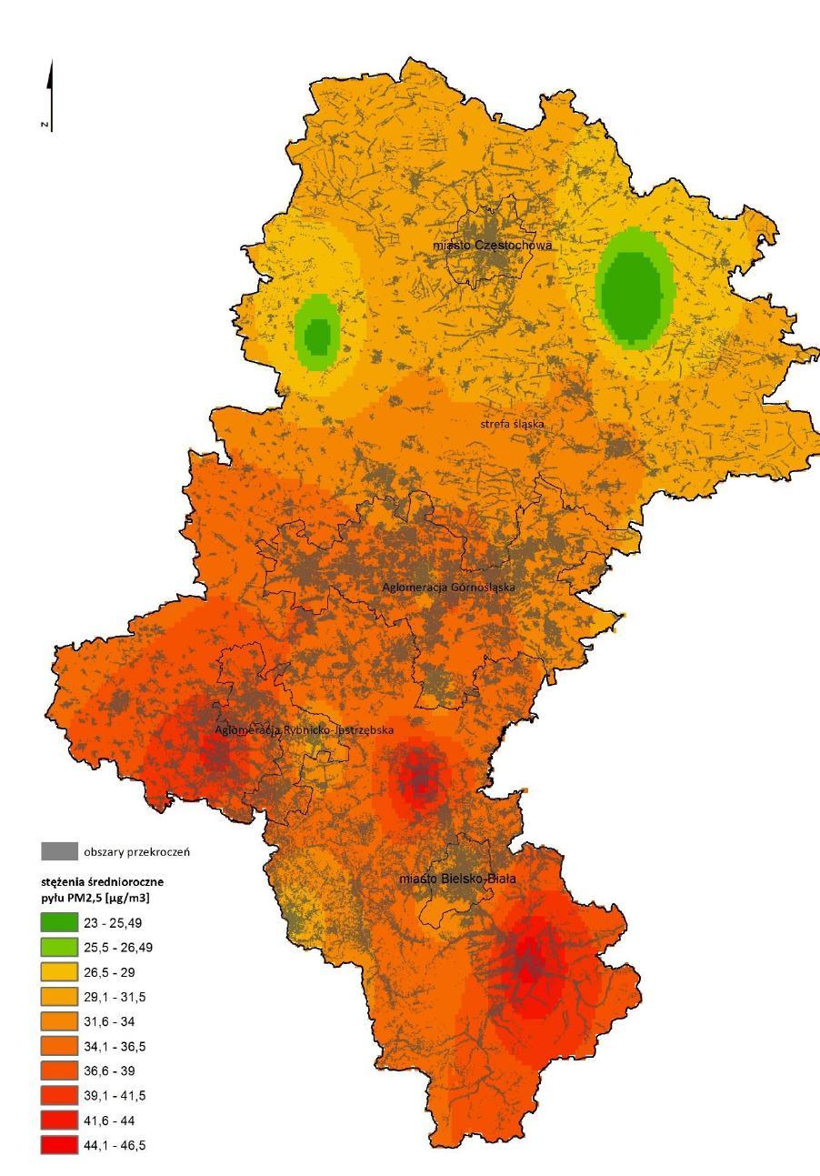 Rysunek 6.3 Obszary przekroczeń średnich stężeń rocznych pyłu PM2.