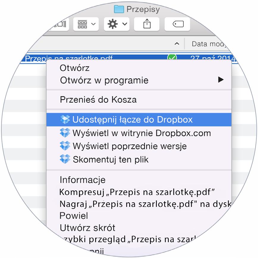 Kliknij plik prawym przyciskiem myszy i wybierz Udostępnij łącze do Dropbox.