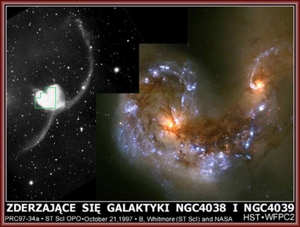 Zderzenia galaktyk Spiralne ramiona utworzone z gromad młodych, niebieskich gwiazd.