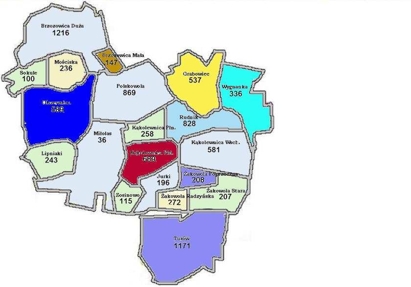 17. Zosinowo 115 1,30 18. Żakowola Poprzeczna 208 2,35 19. Żakowola Radzyńska 272 3,08 20. Żakowola Stara 207 2,34 Razem 8834 100,00 Mapa nr 3.