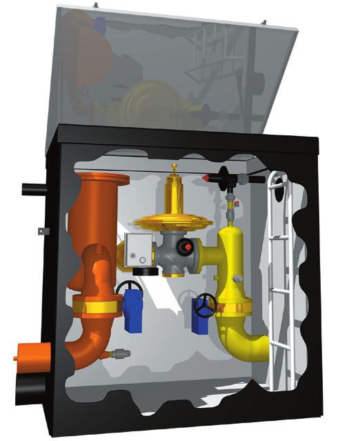 Moduł składa się z dwóch części: Metalowy pojemnik podziemny Gazowa jednostka redukcyjno-sterująca Pojemnik metalowy jest bezciśnieniowy przystosowany do przyłączy spawanych do orurowania wlotowego i