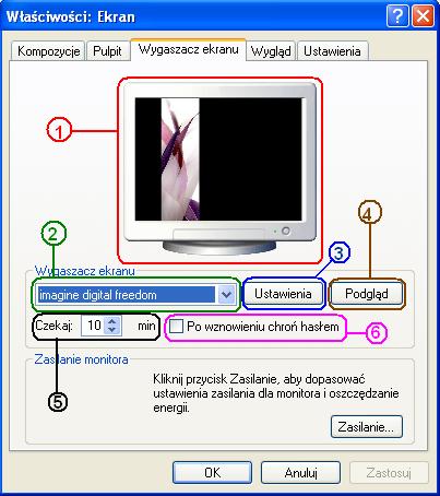 Na rysunku kolejnymi numerami oznaczono: 1. Lista, z której możemy wybrać jedną z domyślnie dostępnych tapet systemowych. 2.