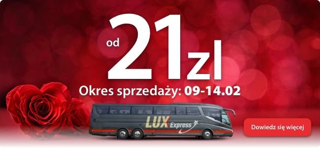 Walentynkowa wyprzedaż obowiązuje na wszystkie obsługiwane przez Lux Express i Simple Express. Bilety od 21 zł linie Sprzedaż: od 9.02 do 14.02 Podróże: od 10.03 do 27.04 Ilość biletów ograniczona.