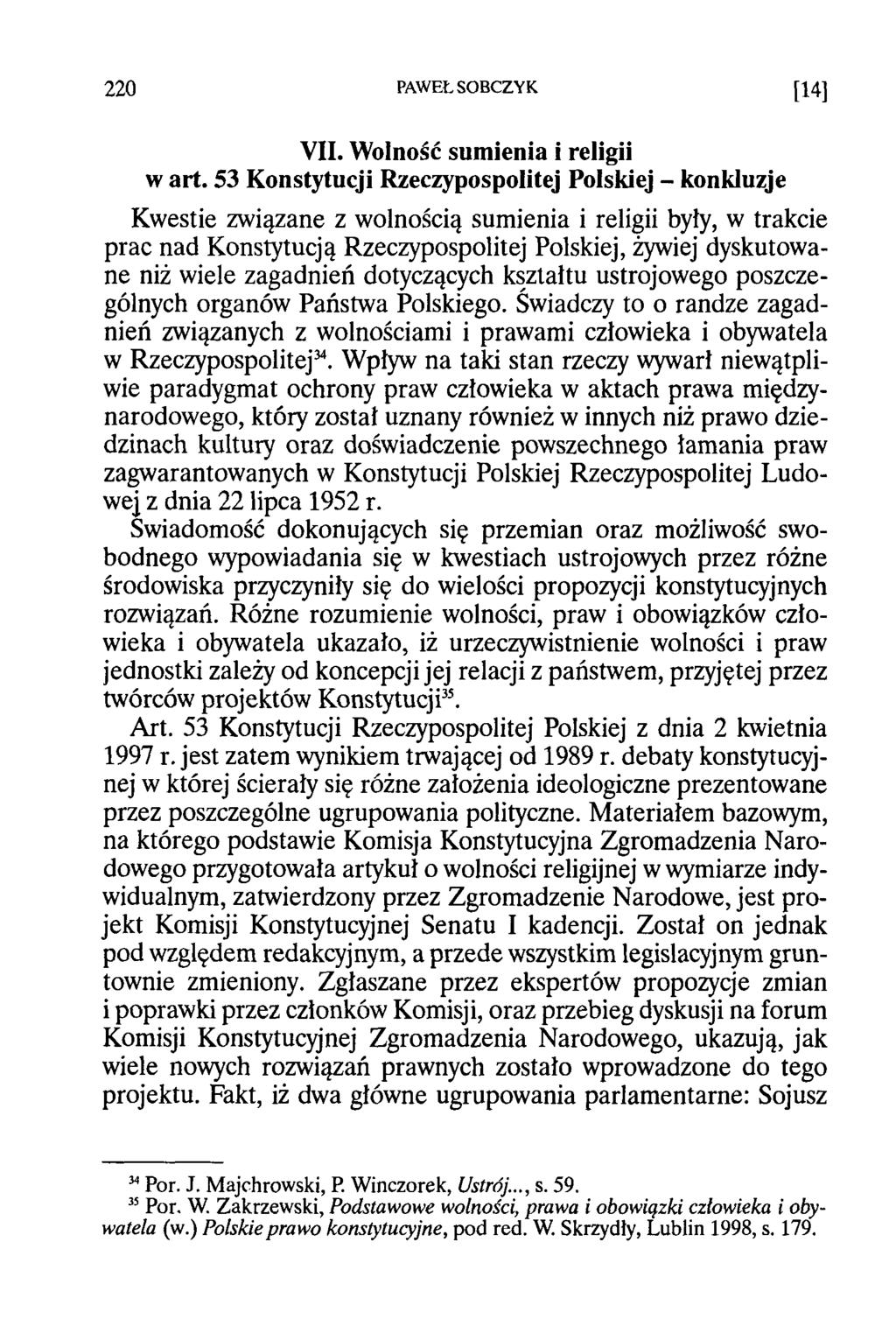 220 PAWEŁ SOBCZYK [14] VII. Wolność sumienia i religii w art.