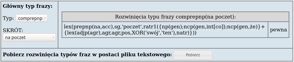 1. 6.2.1 Fraza dzierżawcza Pierwszym typem frazy definiowanej zewnętrznie, za pomocą składni reprezentacji frazeologii (por. punkt 3.5.2 s. 20) jest fraza dzierżawcza possp (por. punkt 3.4.14 s. 18).