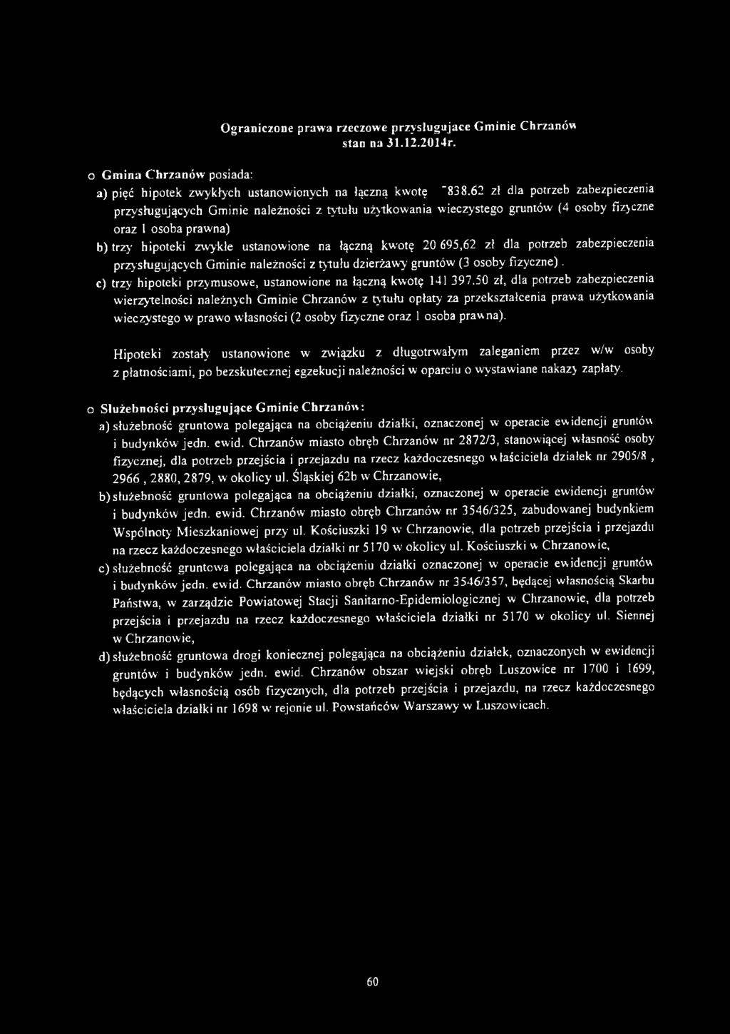 osoby fizyczne oraz 1 osoba prawna) b) trzy' hipoteki zwykłe ustanowione na łączną kwotę 20 695,62 zł dla potrzeb zabezpieczenia przysługujących Gm inie należności z tytułu dzierżawy gruntów (3 osoby