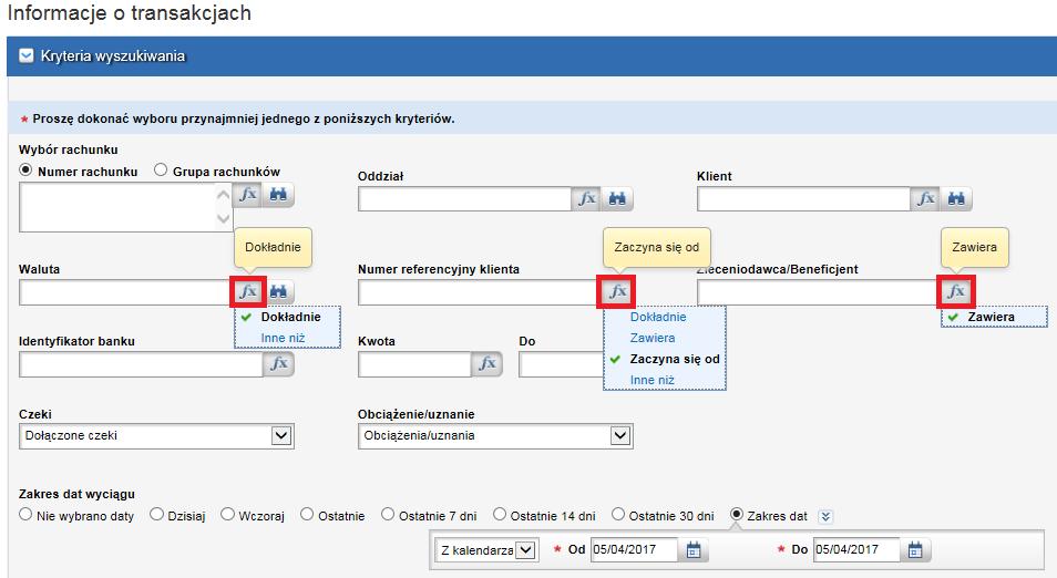 Wybierz symbol obok pola, aby zmienić sposób wyszukiwania informacji dla tego pola, zgodnie z dostępnymi opcjami. 10.