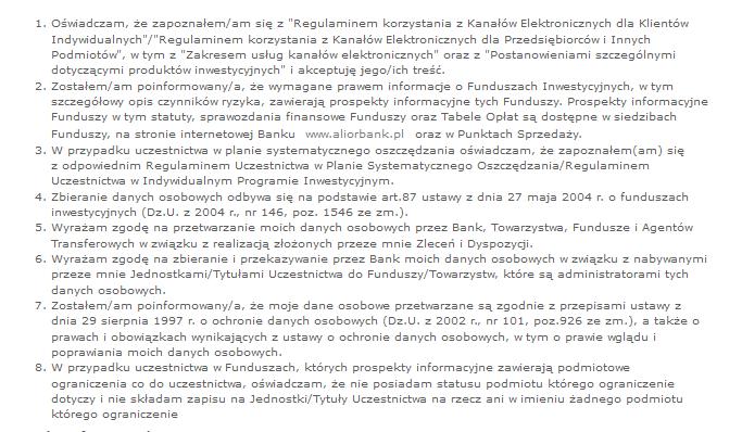 oświadczenia związane z uczestnictwem w funduszach inwestycyjnych i przetwarzaniem danych osobowych oraz wyświetlane są odpowiedzi udzielone w formularzu informacji o Kliencie wraz z informacją