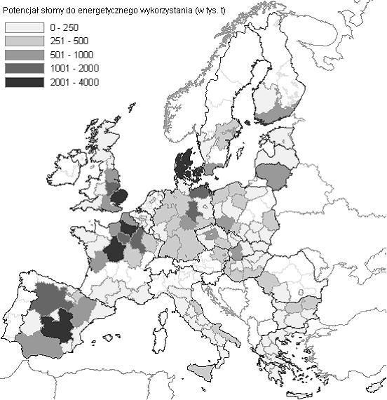 Potencjał możliwości wykorzystania słomy w elektrowniach w wybranych regionach UE Źródło: Edwards R. A. H., Suri M., Huld M. A., Dallemand J. F.