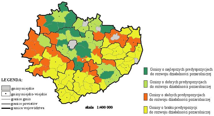 Ewa Pałka W celu stwierdzenia, w jaki sposób cechy te wpływają na rozwój pozarolniczej działalności gospodarstw rolnych, przeanalizowano ich wartości w gminach, w których działalność ta już się