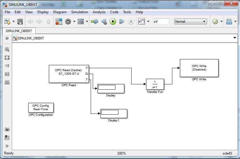 Rysunek 19. Diagram Simulink wykorzystujący OPC-Toolbox InTouch Aby uruchomić program InTouch należy kliknąć START (pasek Start systemu Windows).