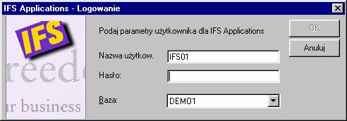 Do zalogowania się do systemu IFS Applications potrzebne są trzy parametry: nazwa użytkownika, hasło do weryfikacji uprawnień i nazwa bazy, z którą ma nastąpić połączenie.