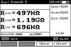 Pomiar R ISO R ISO z Auto- ISO- 1000 Przyciskami i zaznacza się odpowiednią pozycję, zatwierdza przyciskiem ENTER. Podłączyć adapter AutoISO-1000c do badanego przewodu.