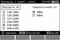 2.1.1 Napięcie i częstotliwość sieci Przed pomiarami naleŝy wybrać napięcie nominalne sieci U n (110/190V, 115/200V, 127/220V, 220/380V, 230/400V lub 240/415V), jakie obowiązuje na terenie