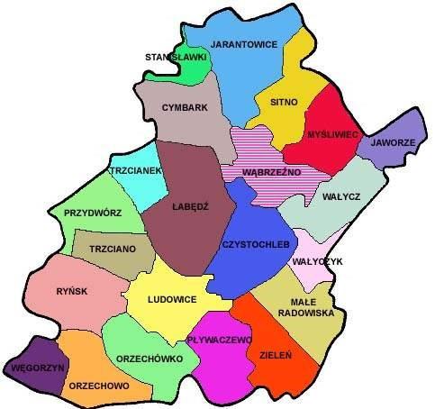 Schemat podziału na sołectwa (mapa pochodzi z serwisu internetowego gminy) LUDNOŚĆ STRUKTURY I PROCESY DEMOGRAFICZNE W tabeli załączonej w aneksie przedstawiono podstawowe dane o procesach i