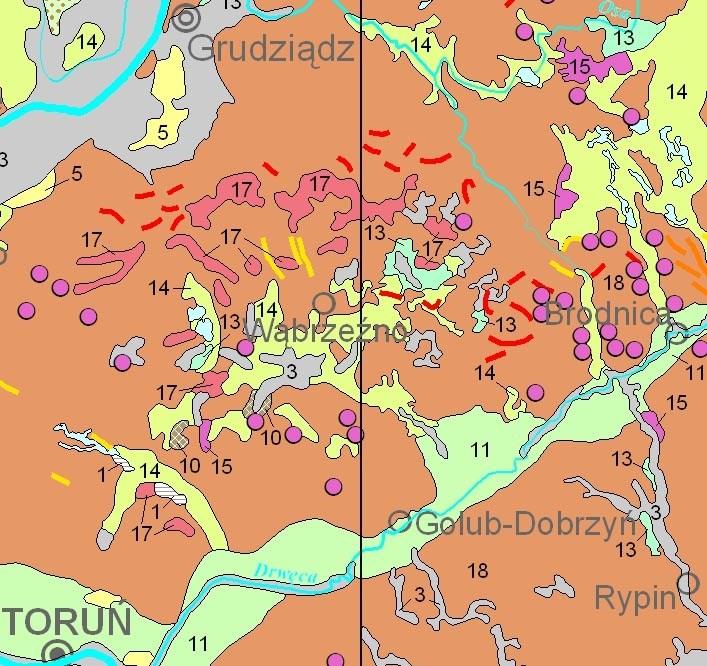 Fragment mapy geologicznej dla okolic gminy (oryginał w skali 1:500 000) Objaśnienia: 3 piaski, żwiry,,mady rzeczne oraz torfy i namuły, 5-piaski eoliczne, lokalnie w wydmach, 10 gliny.