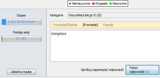 Gdy jednak zaznaczysz opcję W trakcie nauki pokazuj drugą stronę karty, będą pokazywane polskie hasła, a zadaniem będzie podanie esperanckiego odpowiednika.