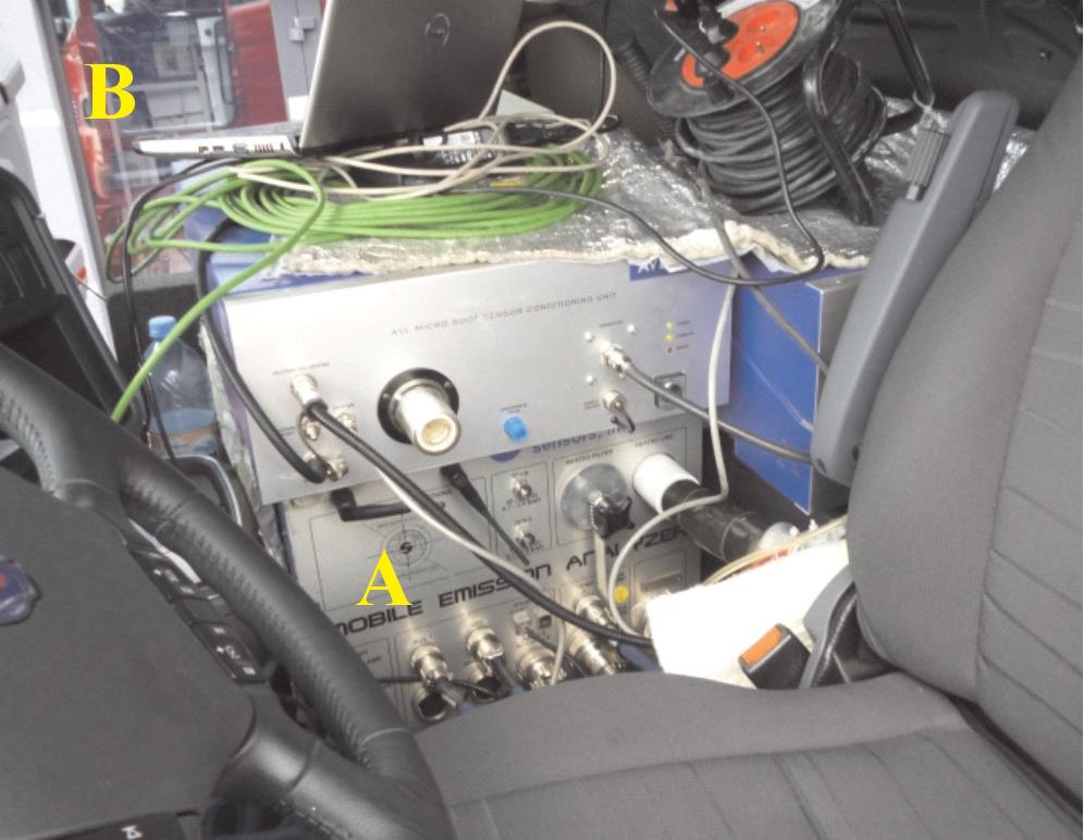 Aparatura pomiarowa zainstalowana w kabinie pojazdu ciężarowego: a) SEMTECH DS, b) komputer sterujący pracą przyrządu its speed were measured through the GPS system (Global Positioning System).