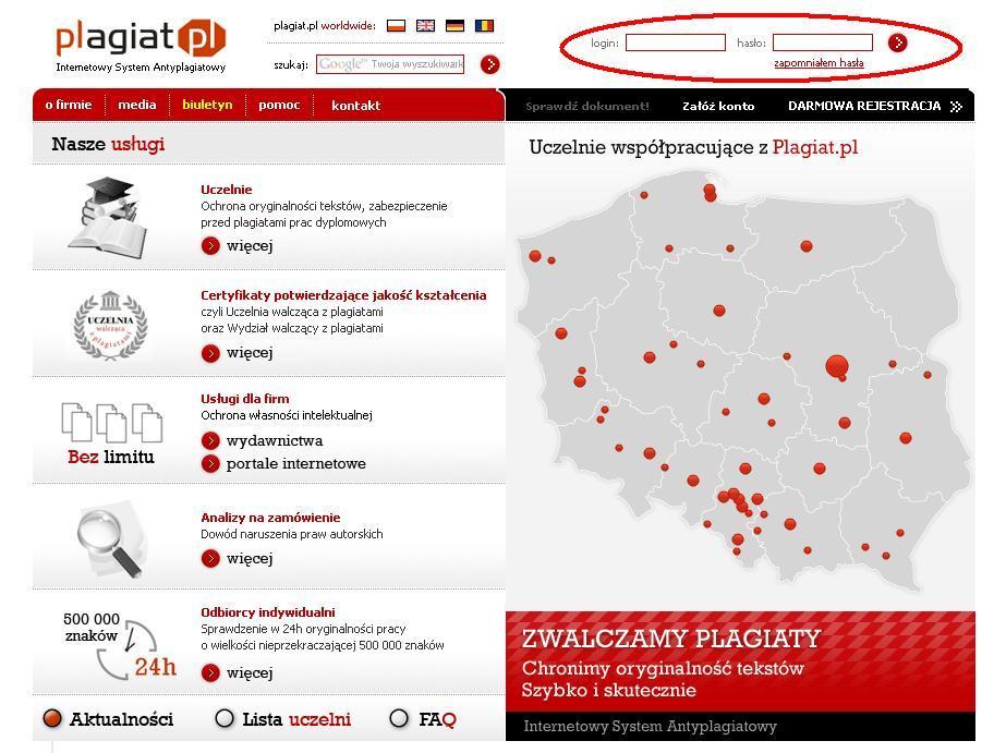 I. Aby sprawdzić dokument w Systemie Plagiat.pl, należy: 1. Zalogować się do Systemu Plagiat.pl. W tym celu należy: A. Wejść na stronę www.plagiat.