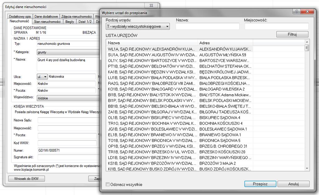 RYSUNEK 4.2 WIDOK OKNA Z LISTĄ WYDZIAŁÓW WIECZYSTOKSIĘGOWYCH Po uzupełnieniu danych sądu, należy wprowadzić numer księgi wieczystej. Ważne jest, aby były to już nowe numery ksiąg wieczystych.