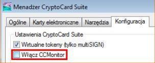 2.2 Instalacja na kartę z innym certyfikatem Opcję Włącz CCMonitor znajdującą się w zakładce Konfiguracja w oknie Menadżer CryptoCard Suite należy odznaczyć, zaś opcję Wirtualne tokeny należy