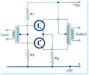 Wzmacniacz mocy małej częstotliwości o sprzężeniu transformatorowym Również z początkowego okresu rozwoju techniki tranzystorowej pochodzą układy przeciwsobnych