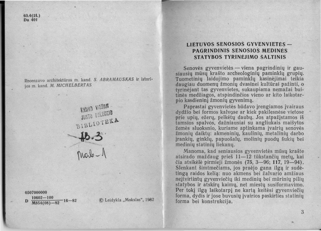 63.4(2L) Da 401 LIETUVOS SENOSIOS GYVENVIETĖS - PAGRINDINIS SENOSIOS ME
