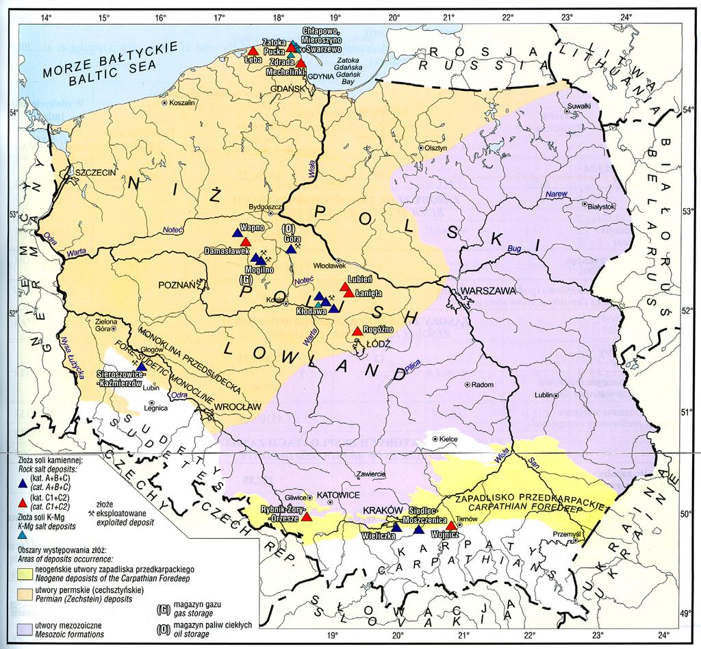 ZŁOŻA SOLI W POLSCE W UJĘCIU PRZEGLĄDOWYM 155 Fot. 1. Mapa występowania udokumentowanych złóż soli kamiennej i potasowo-magnezowej w Polsce (wg G. Czapowskiego i K.