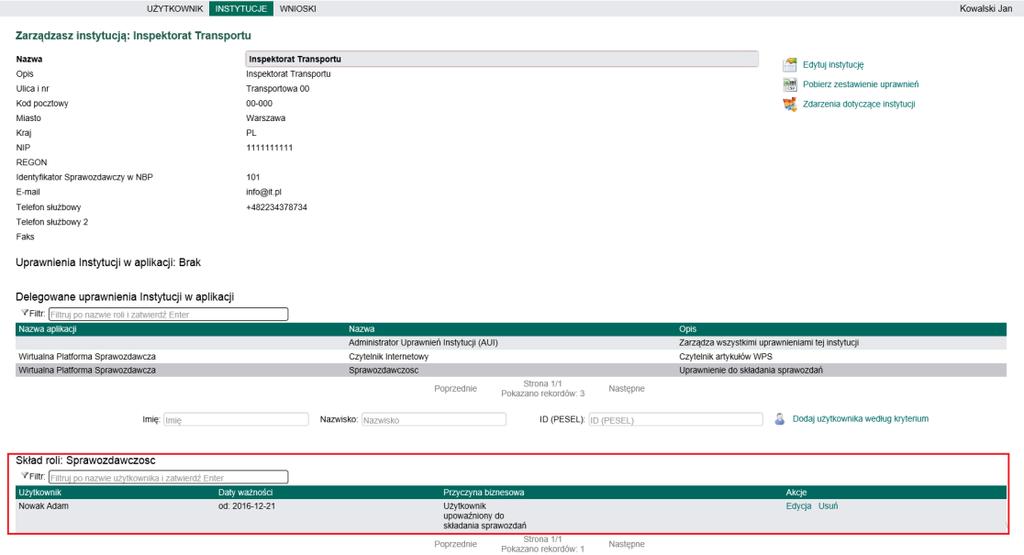 Edycja akcja pozwala na zmianę daty końcowej członkostwa użytkownika w roli.