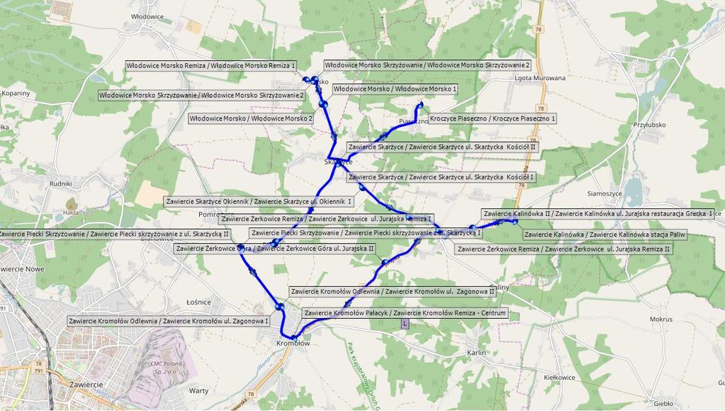 Linia L / Linia J - powrót po śladzie linii L Przebieg: Kromołów Pałacyk- Kromołów odlewnia- Piecki skrzyżowanie- Piecki- Skarżyce- Włodowice Morsko- Włodowice Morsko skrzyżowanie- Włodowice Morsko